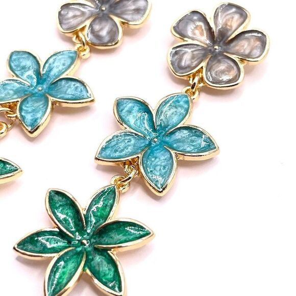 Long Yellow Gold with Oil Drip Flower Trio Post Back Dangling Earrings - Picture 4 of 6